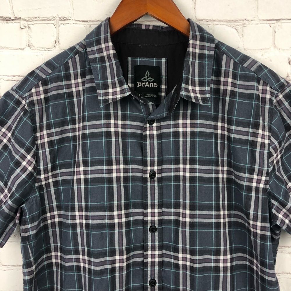 Prana Blue Plaid Button Up Men's Sz Medium